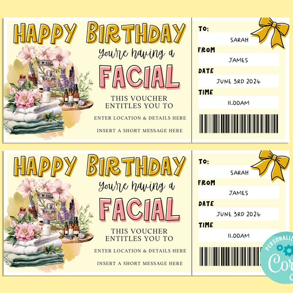 Birthday FACIAL Editable Gift Ticket Template, Birthday Gift Certificate, Surprise Ticket, INSTANT, Spa Day, Manicure Pedicure Treatment