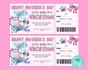 Mothers Day VACATION Gift Ticket, Happy Birthday Gift Card, Gift Certificate, Surprise Ticket, Road Trip Vacation, Getaway, INSTANT Corjl