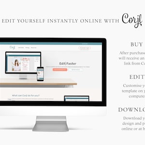 Puede incluir: Una pantalla de ordenador que muestra la p&aacute;gina web de Corjl, que permite a los usuarios editar y personalizar productos digitales e imprimibles. La p&aacute;gina web presenta un dise&ntilde;o sencillo con un esquema de color azul claro y blanco. El texto "Edit Faster" se muestra de forma prominente en la pantalla. La p&aacute;gina web est&aacute; dise&ntilde;ada para ser f&aacute;cil de usar e intuitiva, lo que facilita a los usuarios crear dise&ntilde;os de aspecto profesional.