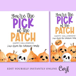 May include: Two printable Halloween cards with the text "You're the pick of the patch! Happy Halloween! Love from the Robinson Family."  The cards feature a watercolor illustration of pumpkins with different facial expressions.