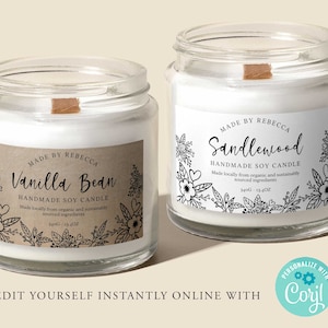Floral NATURAL Editable Candle Label, Editable Template, Label Design, Kraft, Candle Labels, Printable, Product Labels, Diy Label, Corjl