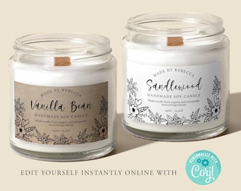Floral NATURAL Editable Candle Label, Editable Template, Label Design, Kraft, Candle Labels, Printable, Product Labels, Diy Label, Corjl