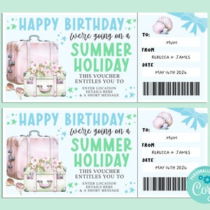 Modèle de billet cadeau modifiable anniversaire voyage HAWA, carte-cadeau joyeux anniversaire, chèque-cadeau, billet surprise, vacances à la plage, escapade