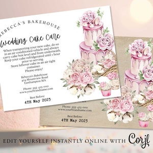 Bruidstaart zorg instructie kaartsjabloon, Cupcake zorg etiket, taart of dessert etiket, viering taart zorg kaart, afdrukbaar, Instant Corjl