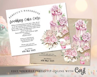 Wedding Cake Care Instruction Card Template, CupCake Care Label, Cake or Dessert Label, Celebration Cake Care Card, Printable, Instant Corjl