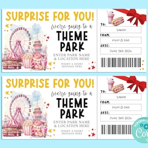 Surprise THEME PARK Editable Gift Ticket Template, Birthday Gift Certificate, Surprise Ticket, Getaway, INSTANT, Carnival, Amusement Park