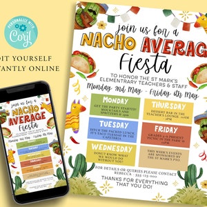 May include: A colorful printable invitation for a "Nacho Average Fiesta" to honor St. Mark's Elementary teachers and staff. The invitation features a festive design with cacti, pinatas, and a taco. The event is scheduled for Monday, May 2nd through Friday, May 5th.