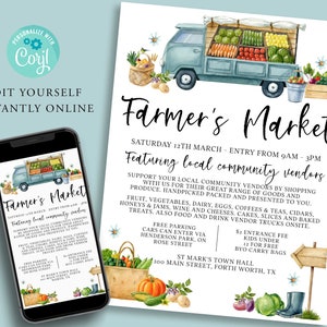 FARMERS MARKET Editable Flyer, DIY Market Fundraiser, Fruit Vegetables, Country Fair, Template, Digital Invitation, Printable, Instant Corjl