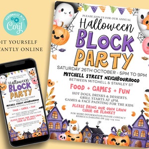 HALLOWEEN Block Party Flyer bearbeitbare Vorlage, Diy Barbeque, Herbst, Herbstveranstaltung Poster, Grill, digitale Einladung, druckbare Einladung Corjl