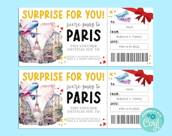 May include: Two travel voucher designs with a watercolor illustration of Paris, an airplane, and the Eiffel Tower. The text reads "SURPRISE FOR YOU! We're going to PARIS." Includes fields for recipient, sender, and date.