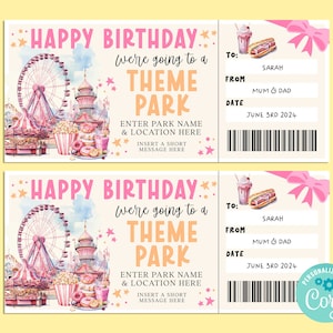 Birthday THEME PARK Editable Gift Ticket Template, Birthday Gift Certificate, Surprise Ticket, Getaway, INSTANT, Carnival, Amusement Park