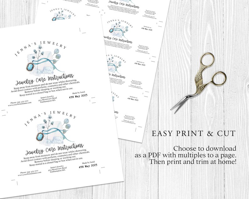 Puede incluir: Cartas de instrucciones de cuidado de joyas imprimibles con un dise&ntilde;o de acuarela de una piedra preciosa azul y blanca con un engaste de oro y acentos florales azules y blancos. El texto de la tarjeta dice "Jenna's Jewelry" y "Jewelry Care Instructions". El texto tambi&eacute;n incluye instrucciones para el cuidado de las joyas, como mantenerlas alejadas de la humedad y no usarlas mientras se ducha. La tarjeta tambi&eacute;n incluye la fecha "4/18 May 2023".