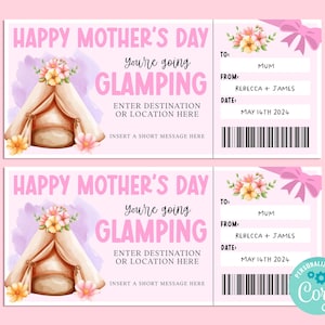 Billet-cadeau GLAMPING pour la fête des mères, carte-cadeau pour joyeux anniversaire, chèque-cadeau, billet surprise, road trip, camping, corjl instantané