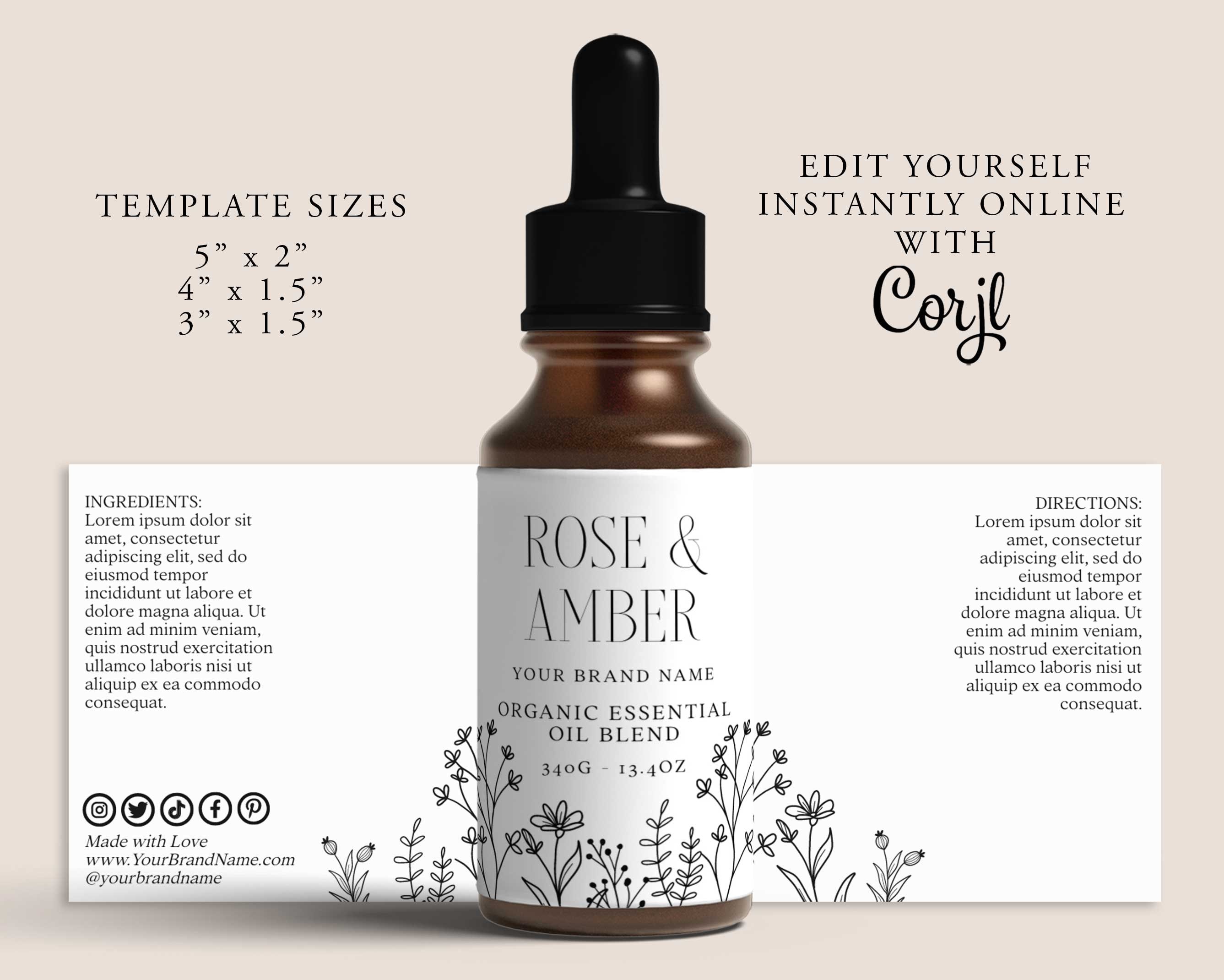 FLORAL Handgemachte Vintage Tropfflasche Etikett, Benutzerdefiniertes Produktetikett, Etikett für ätherisches Öl DIY, BIO-Etikett, 2 Unze, 3 Unze Etikett, Kraft Corjl