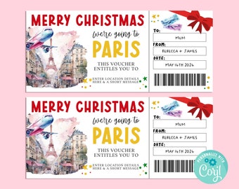 Merry Christmas PARIS Trip Gift Ticket, Seasonal Gift Card, Gift Certificate, Surprise Ticket, France Vacation, Getaway, Corjl PRINTABLE