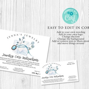 Puede incluir: Una ilustraci&oacute;n acuarela azul y blanca de una caja de joyer&iacute;a con una piedra preciosa turquesa y una cinta azul. El texto "Jenna's Jewelry" y "Jewelry Care Instructions" est&aacute; incluido. El texto incluye instrucciones para el cuidado de las joyas, como mantenerlas alejadas de la humedad y guardarlas en una bolsa o caja cerrada cuando no se usan. El texto tambi&eacute;n incluye la informaci&oacute;n de contacto de Jenna's Jewelry.