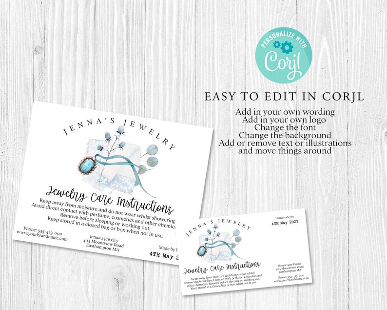 Puede incluir: Una ilustraci&oacute;n acuarela azul y blanca de una caja de joyer&iacute;a con una piedra preciosa turquesa y una cinta azul. El texto "Jenna's Jewelry" y "Jewelry Care Instructions" est&aacute; incluido. El texto incluye instrucciones para el cuidado de las joyas, como mantenerlas alejadas de la humedad y guardarlas en una bolsa o caja cerrada cuando no se usan. El texto tambi&eacute;n incluye la informaci&oacute;n de contacto de Jenna's Jewelry.