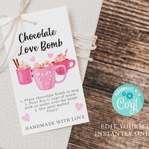 LOVE Chocolate Bomb Editable Gift Tag, PRINTABLE Valentine Wedding Hot Chocolate Tag, Youre The Bomb Label, Product, Instant Printable Corjl