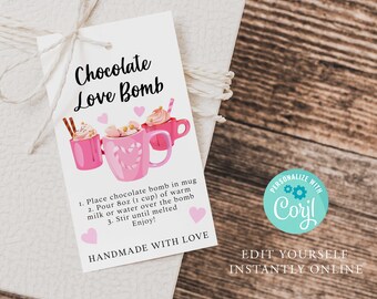 LOVE Chocolate Bomb Editable Gift Tag, PRINTABLE Valentine Wedding Hot Chocolate Tag, Youre The Bomb Label, Product, Instant Printable Corjl