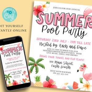 May include: A pink and white summer pool party invitation with a flamingo, pineapple, watermelon, and flowers. The text reads "Join us for our annual Summer Pool Party, Saturday 23rd July - 7pm till late, Hosted by Rach and Dave, 100 Main Street, Forth Worth, RSVP with Rachael on 555-423-000".