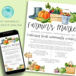 FARMERS MARKET Editable Flyer, DIY Market Fundraiser, Fruit Vegetables, Country Fair, Template, Digital Invitation, Printable, Instant Corjl