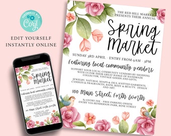 Bearbeitbare SPRING MARKET Flyer Vorlage, DIY Marktverkauf, Community Fair Flyer, digitale Einladung, druckbare Einladung, Sofort, Bauernmarkt