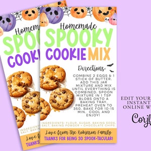 Peut inclure: Carte de recette de mélange à biscuits sur le thème d'Halloween imprimable avec une illustration aquarelle de biscuits et de citrouilles. La carte comprend des instructions pour faire le mélange à biscuits et un message qui dit "Love from the Robinson Family. Thanks for being so spook-tacular!"