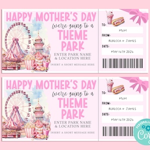 Mothers Day THEME PARK Editable Gift Ticket Template, Birthday Gift Certificate, Surprise Ticket, Getaway, INSTANT, Carnival, Amusement Park