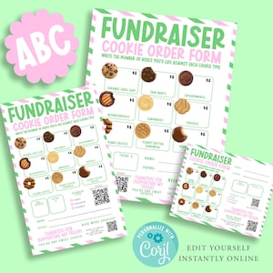 May include: A cookie order form with a pink and green design. The form includes spaces to write the number of boxes for each cookie type, with images of the cookies. The text "Fundraiser Cookie Order Form" is at the top, with the option to personalize the form.