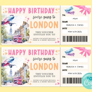 Billet cadeau joyeux anniversaire LONDON TRIP, carte-cadeau surprise, chèque-cadeau, billet surprise, vacances, escapade, Corjl IMPRIMABLE