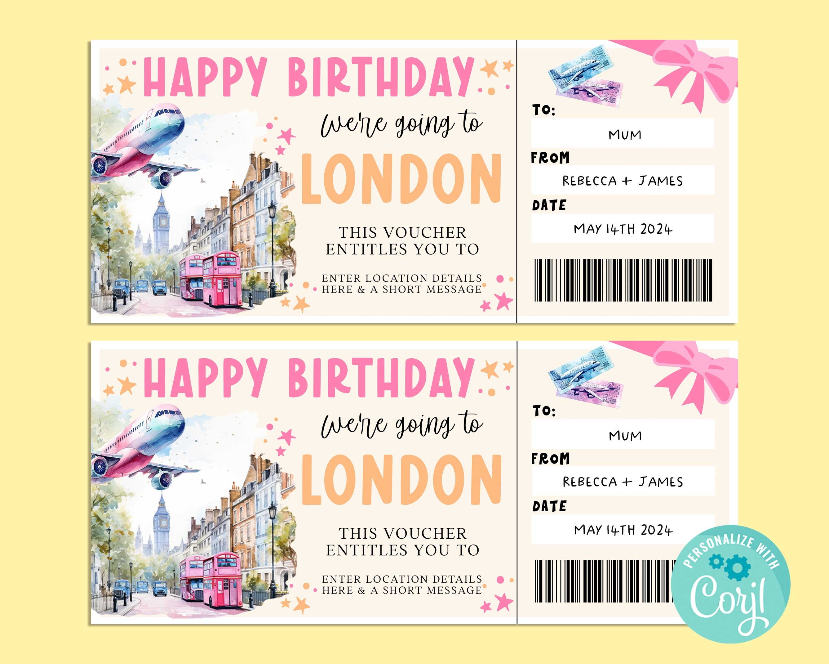Happy Birthday LONDON TRIP Gift Ticket, Surprise Gift Card, Gift Certificate, Surprise Ticket, Vacation, Getaway, Corjl PRINTABLE