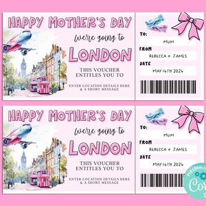 Billet-cadeau VOYAGE À LONDRES pour la fête des mères, carte-cadeau de joyeux anniversaire, chèque-cadeau, billet surprise, vacances, escapade, Corjl IMPRIMABLE