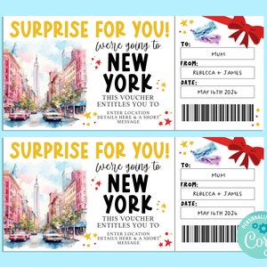 Billet cadeau surprise voyage à NEW YORK, carte-cadeau joyeux anniversaire, chèque-cadeau, billet surprise, vacances, escapade, Corjl IMPRIMABLE