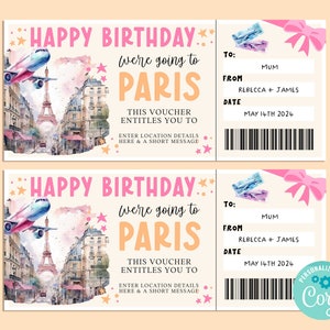 Billet cadeau voyage anniversaire PARIS, carte cadeau joyeux anniversaire, chèque-cadeau, billet surprise, vacances en France, escapade, Corjl IMPRIMABLE