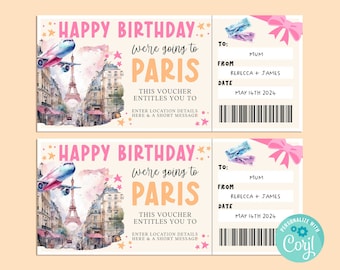 Birthday PARIS Trip Gift Ticket, Happy Birthday Gift Card, Gift Certificate, Surprise Ticket, France Vacation, Getaway, Corjl PRINTABLE