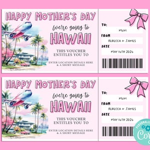 Billet cadeau voyage fête des mères à HAWA, carte-cadeau joyeux anniversaire, chèque-cadeau, billet surprise, vacances à la plage, escapade, Corjl IMPRIMABLE