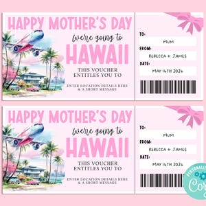 Billet cadeau voyage fête des mères à HAWA, carte-cadeau joyeux anniversaire, chèque-cadeau, billet surprise, vacances à la plage, escapade, Corjl IMPRIMABLE