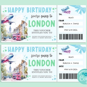 Billet cadeau joyeux anniversaire LONDON TRIP, carte-cadeau surprise, chèque-cadeau, billet surprise, vacances, escapade, Corjl IMPRIMABLE