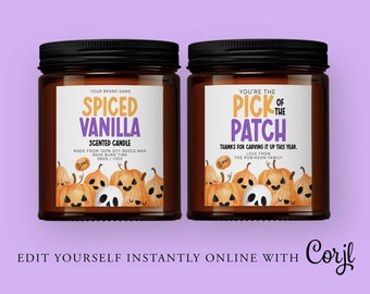 May include: Two brown glass candle jars with labels. The left jar has a label that says "Spiced Vanilla Scented Candle" with a pumpkin and ghost design. The right jar has a label that says "You're the Pick of the Patch" with a pumpkin and ghost design. The text on the label says "Thanks for carving it up this year. Love from the Robinson Family."