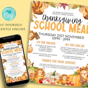 Puede incluir: Un folleto para una comida escolar de Acción de Gracias con una ilustración de acuarela de pavos, calabazas y hojas de otoño. El folleto anuncia una comida tipo bufé por 10 € por persona el jueves 21 de noviembre de 12:00 a 14:00. El evento está organizado por la escuela primaria St. Mark's y todas las ganancias benefician a la escuela.