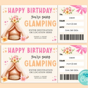 Bon d'anniversaire GLAMPING, carte-cadeau de joyeux anniversaire, chèque-cadeau, billet surprise, road trip, camping, INSTANT Corjl