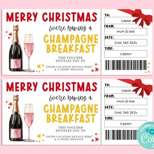 Modelo de vale-presente editável para café da manhã com CHAMPAGNE Feliz Natal, vale-presente sazonal, vale-presente surpresa, escapadela, INSTANTÂNEO, chá da manhã