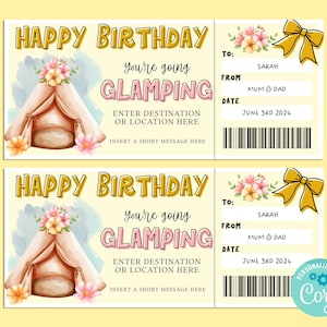Bon d'anniversaire GLAMPING, carte-cadeau de joyeux anniversaire, chèque-cadeau, billet surprise, road trip, camping, INSTANT Corjl