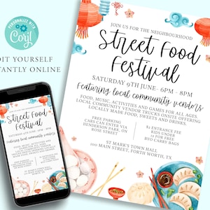 Puede incluir: Una invitación imprimible para un festival de comida callejera. La invitación presenta una ilustración de acuarela de linternas rojas, nubes y comida. El texto dice "Únete a nosotros para el festival de comida callejera del vecindario, sábado 9 de junio - 6pm - 8pm, Con vendedores locales de la comunidad".