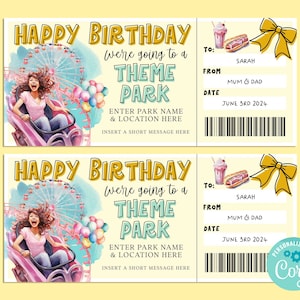 Birthday THEME PARK Editable Gift Ticket Template, Birthday Gift Certificate, Surprise Ticket, Getaway, INSTANT, Carnival, Amusement Park