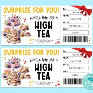 Überraschung HIGH TEA bearbeitbare Geschenkkartenvorlage, Geburtstagsgeschenkgutschein, Überraschungskarte, Kurzurlaub, INSTANT, Morgen- oder Nachmittagstee