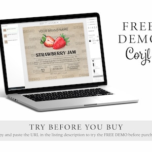 Puede incluir: Una pantalla de ordenador que muestra una maqueta digital de una etiqueta de producto para mermelada de fresa. La etiqueta tiene un dise&ntilde;o vintage con un fondo marr&oacute;n y fresas rojas. El texto de la etiqueta dice "Mermelada de fresa", "Sin l&aacute;cteos", "Sin gluten", "Org&aacute;nico", "Elaborado en los EE. UU." y "Lote n.&ordm; 12".