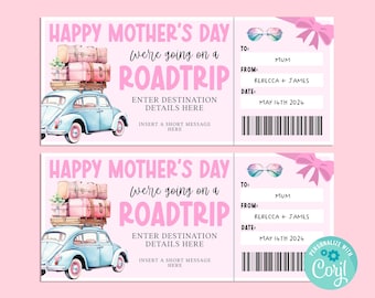 Könnte beinhalten: Rosa gestaltetes Muttertags-Roadtrip-Ticket. Es zeigt einen hellblauen Oldtimer mit Gepäck, den Text "Happy Mother's Day, we're going on a roadtrip" und einen Bereich zur Personalisierung des Tickets.