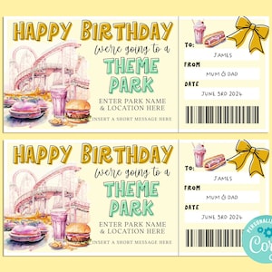 Birthday THEME PARK Editable Gift Ticket Template, Birthday Gift Certificate, Surprise Ticket, Getaway, INSTANT, Carnival, Amusement Park