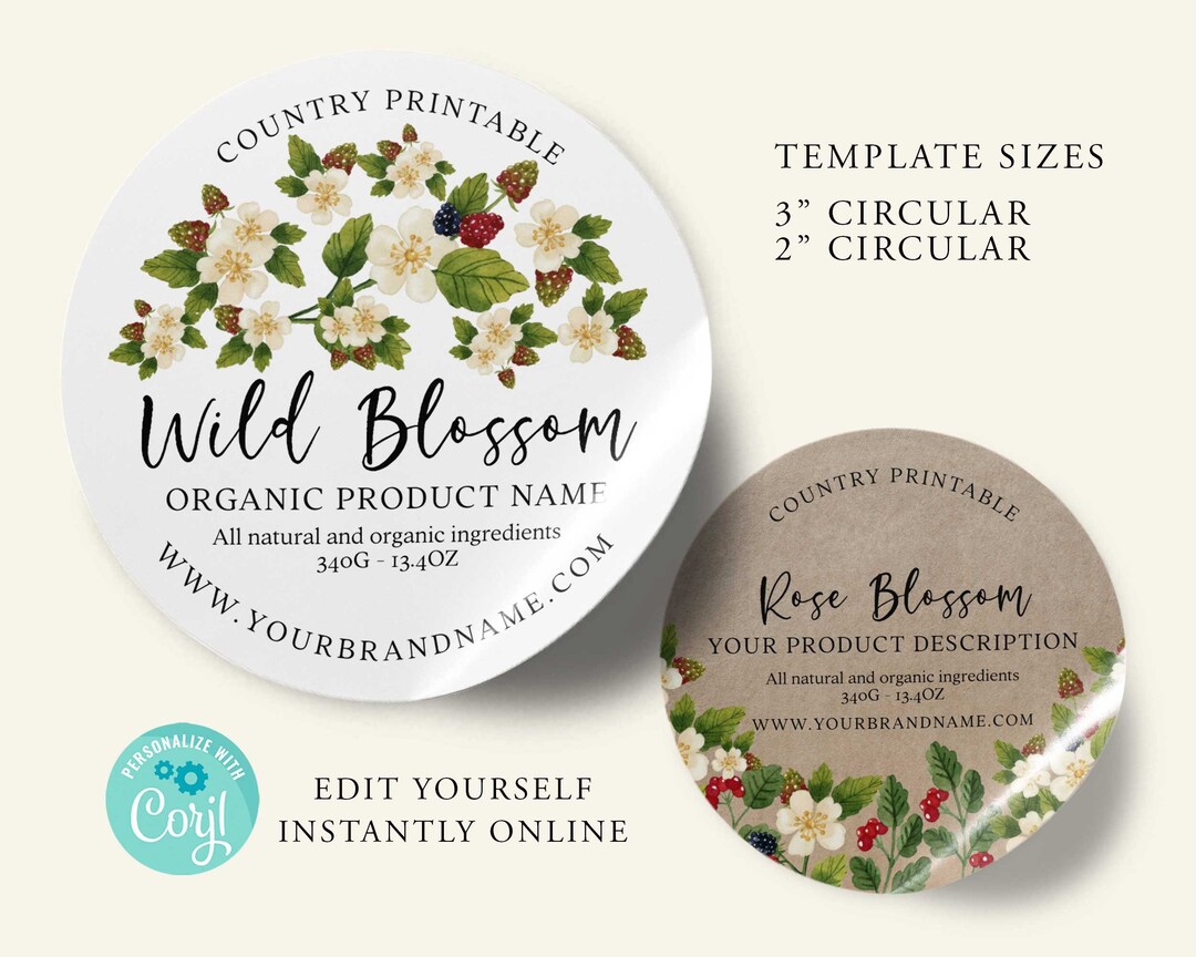 Rustic Label Round Vintage Floral ROUND Editable Product Label, ORGANIC Custom Product ...
